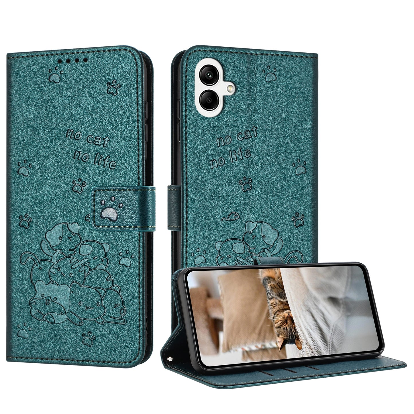 Samsung Galaxy F04 Embossed Kitten PU Leather Wallet Case with Card Slots, Cash Pocket, Kickstand Function, Wrist Lanyard Strap, Full Protective TPU Flip Cover