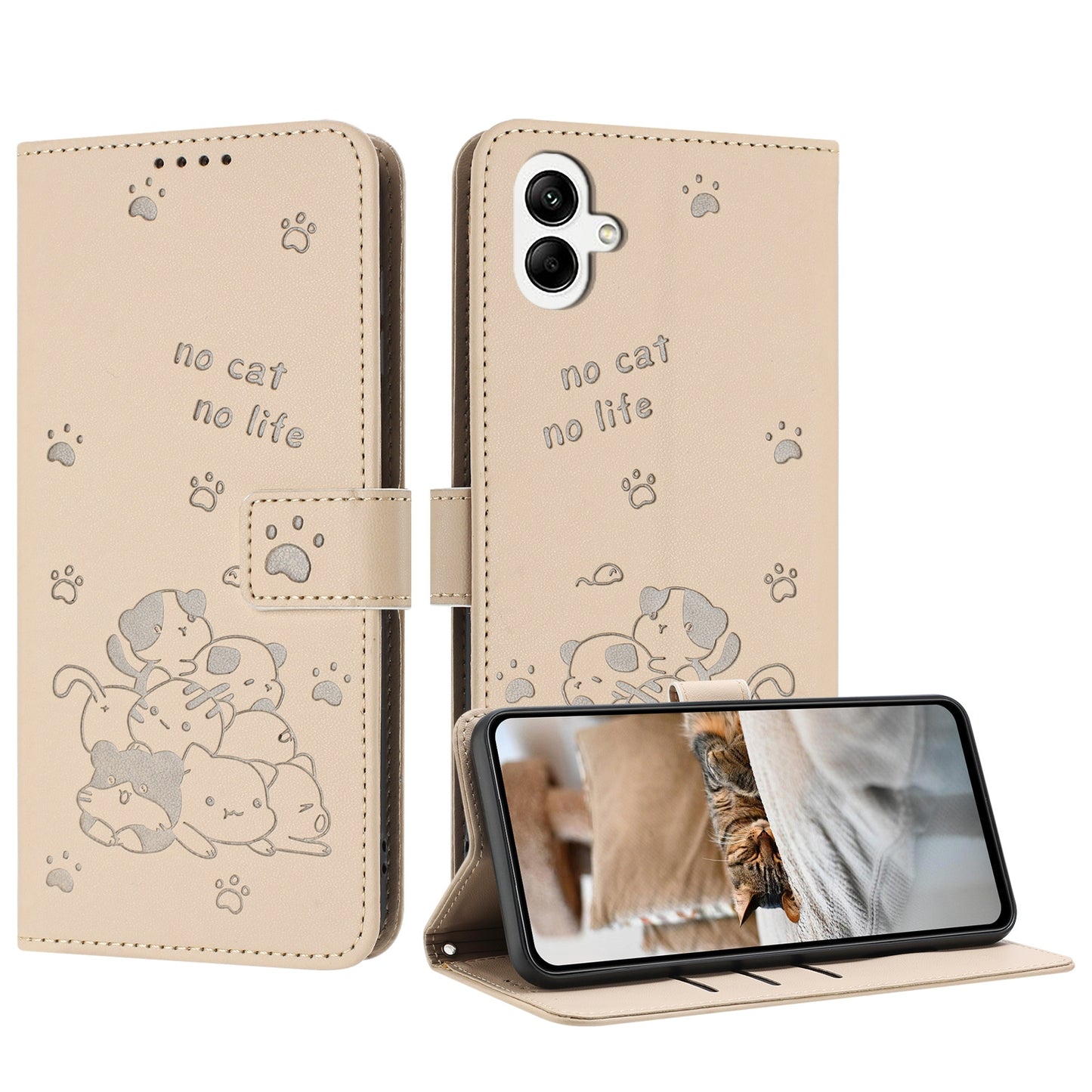 Samsung Galaxy A05 4G Embossed Kitten PU Leather Wallet Case with Card Slots, Cash Pocket, Kickstand Function, Wrist Lanyard Strap, Full Protective TPU Flip Cover