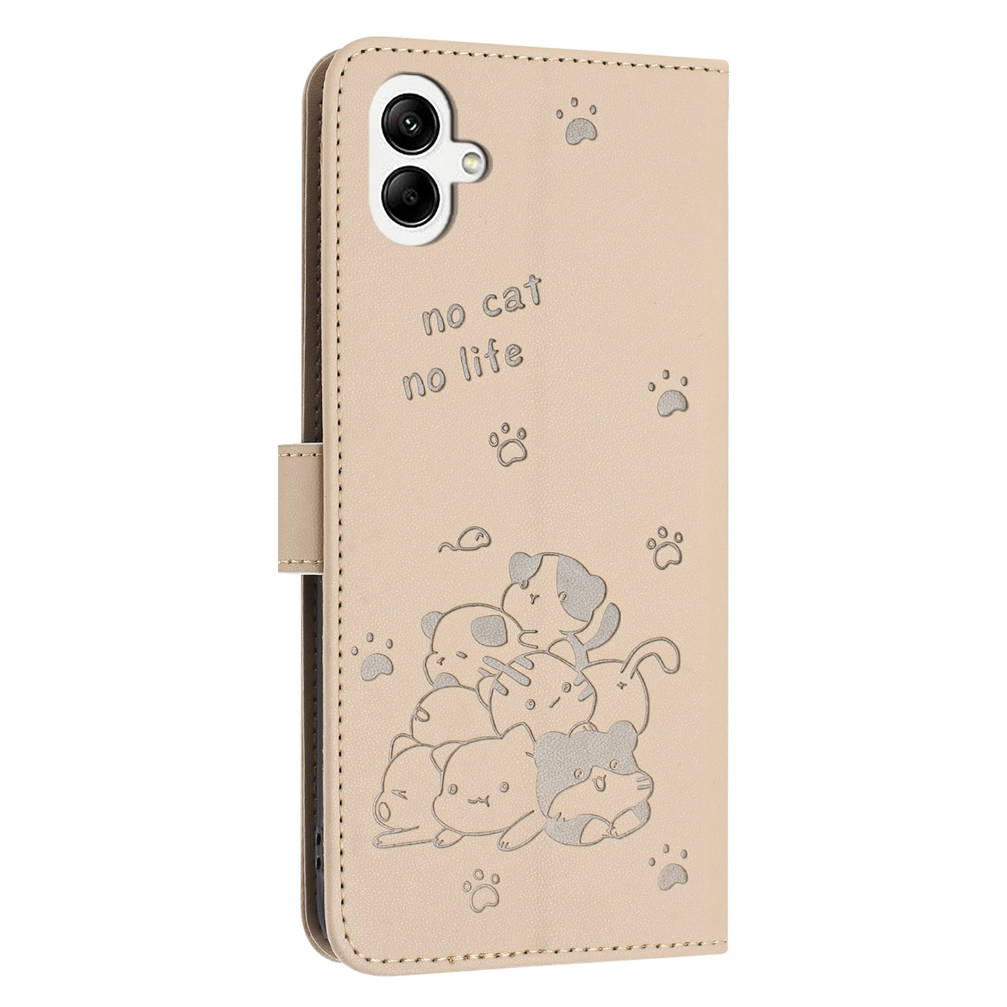 Samsung Galaxy A05 4G Embossed Kitten PU Leather Wallet Case with Card Slots, Cash Pocket, Kickstand Function, Wrist Lanyard Strap, Full Protective TPU Flip Cover