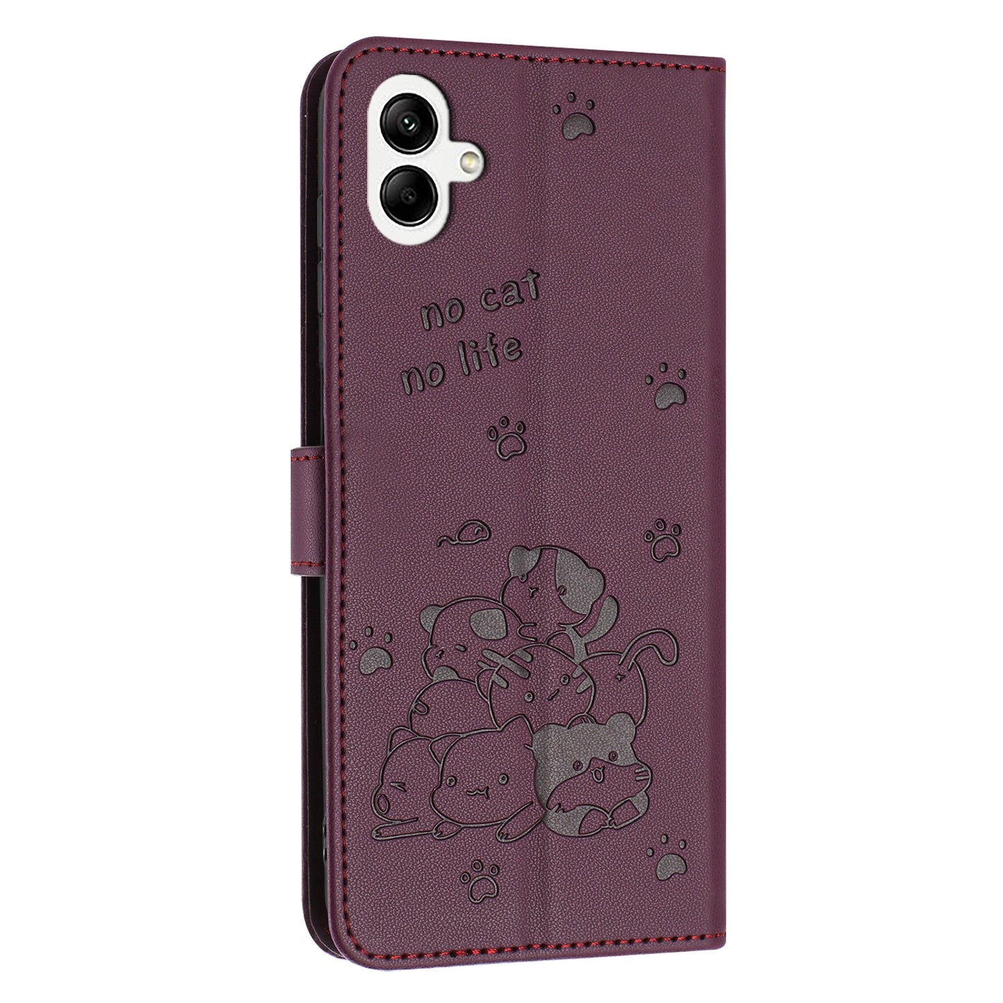 Samsung Galaxy A05 4G Embossed Kitten PU Leather Wallet Case with Card Slots, Cash Pocket, Kickstand Function, Wrist Lanyard Strap, Full Protective TPU Flip Cover
