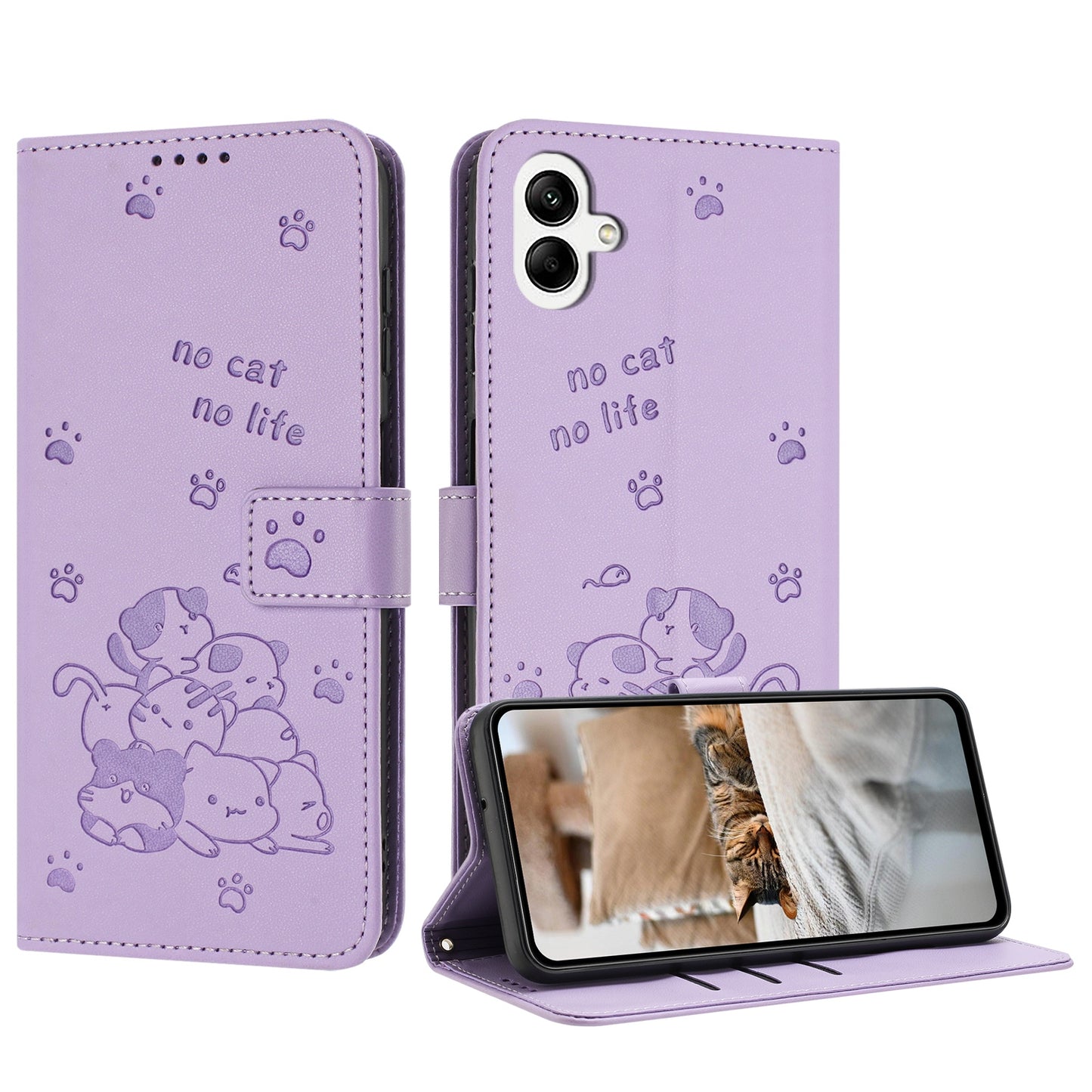 Samsung Galaxy A06 4G Embossed Kitten PU Leather Wallet Case with Card Slots, Cash Pocket, Kickstand Function, Wrist Lanyard Strap, Full Protective TPU Flip Cover