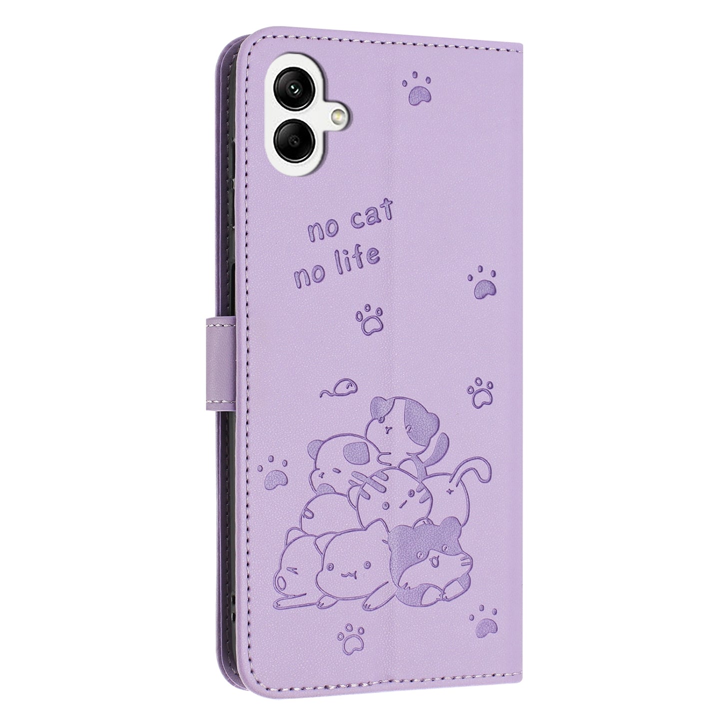Samsung Galaxy A06 4G Embossed Kitten PU Leather Wallet Case with Card Slots, Cash Pocket, Kickstand Function, Wrist Lanyard Strap, Full Protective TPU Flip Cover