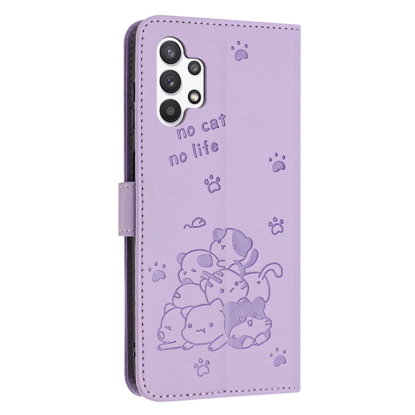 Samsung Galaxy A13 4G Embossed Kitten PU Leather Wallet Case with Card Slots, Cash Pocket, Kickstand Function, Wrist Lanyard Strap, Full Protective TPU Flip Cover
