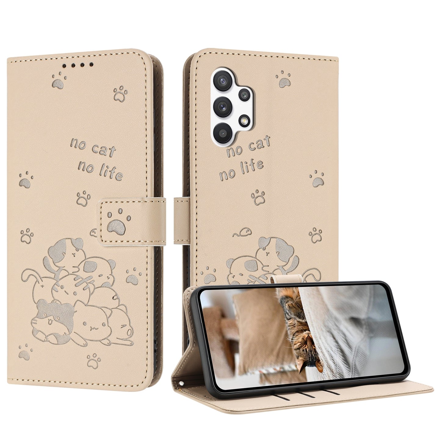 Samsung Galaxy A13 5G Embossed Kitten PU Leather Wallet Case with Card Slots, Cash Pocket, Kickstand Function, Wrist Lanyard Strap, Full Protective TPU Flip Cover