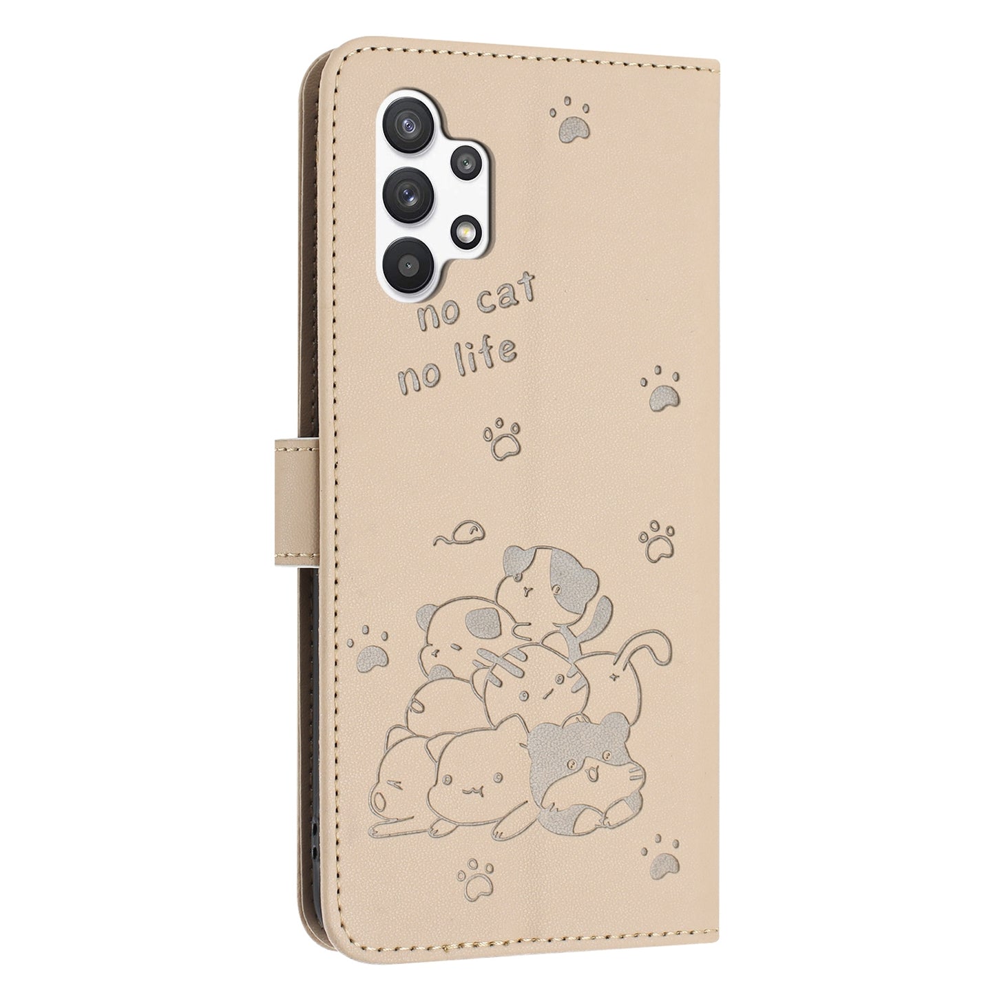Samsung Galaxy A13 5G Embossed Kitten PU Leather Wallet Case with Card Slots, Cash Pocket, Kickstand Function, Wrist Lanyard Strap, Full Protective TPU Flip Cover