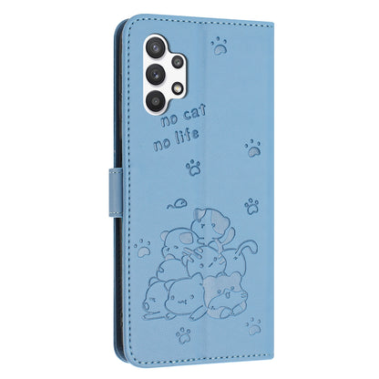 Samsung Galaxy A13 4G Embossed Kitten PU Leather Wallet Case with Card Slots, Cash Pocket, Kickstand Function, Wrist Lanyard Strap, Full Protective TPU Flip Cover