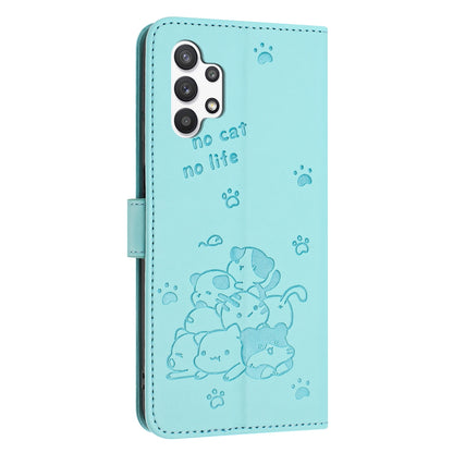 Samsung Galaxy A13 5G Embossed Kitten PU Leather Wallet Case with Card Slots, Cash Pocket, Kickstand Function, Wrist Lanyard Strap, Full Protective TPU Flip Cover
