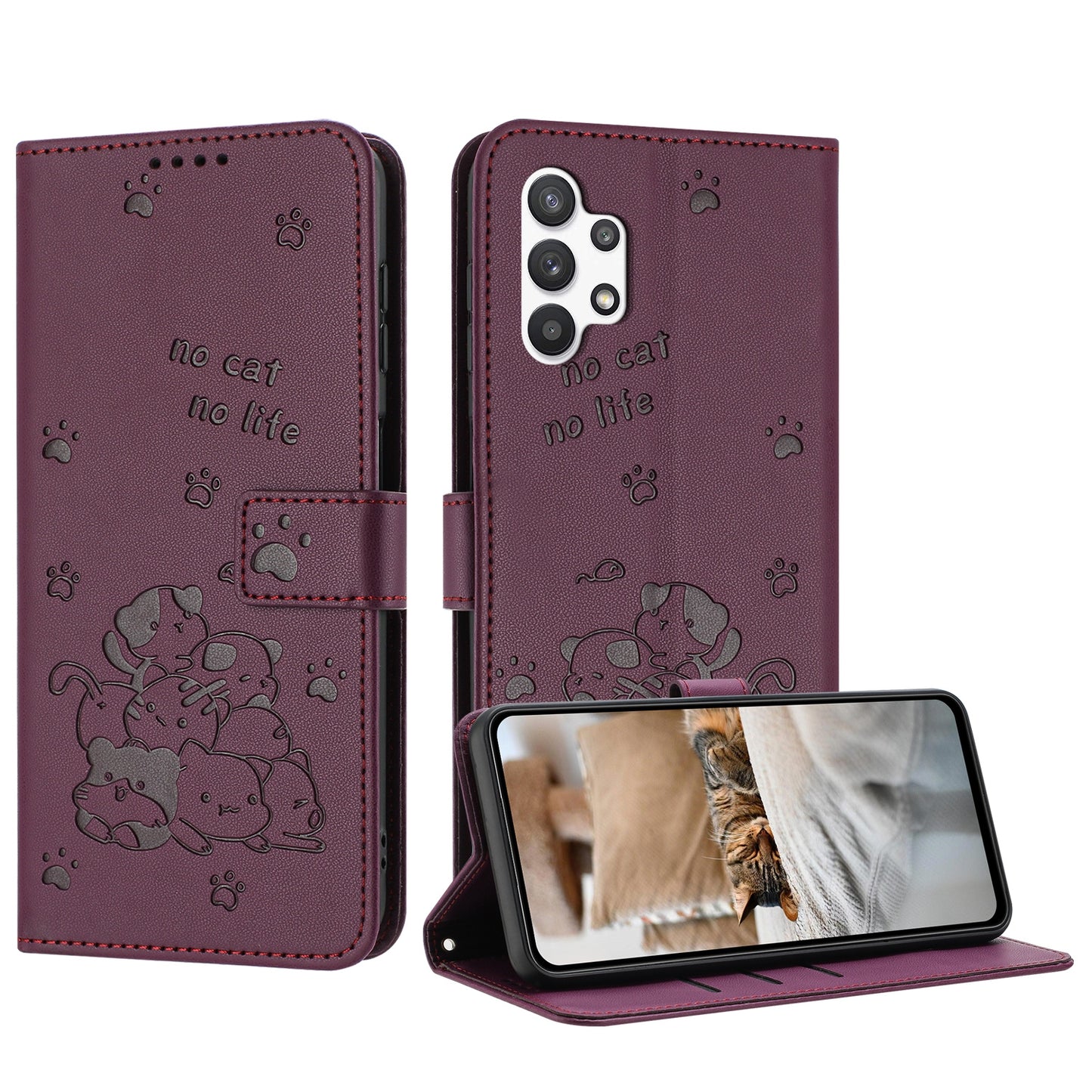 Samsung Galaxy A13 4G Embossed Kitten PU Leather Wallet Case with Card Slots, Cash Pocket, Kickstand Function, Wrist Lanyard Strap, Full Protective TPU Flip Cover
