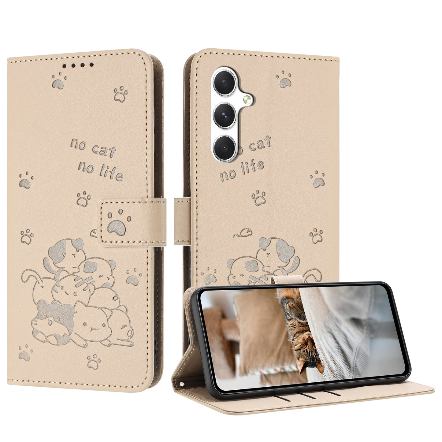 Samsung Galaxy A14 5G Embossed Kitten PU Leather Wallet Case with Card Slots, Cash Pocket, Kickstand Function, Wrist Lanyard Strap, Full Protective TPU Flip Cover
