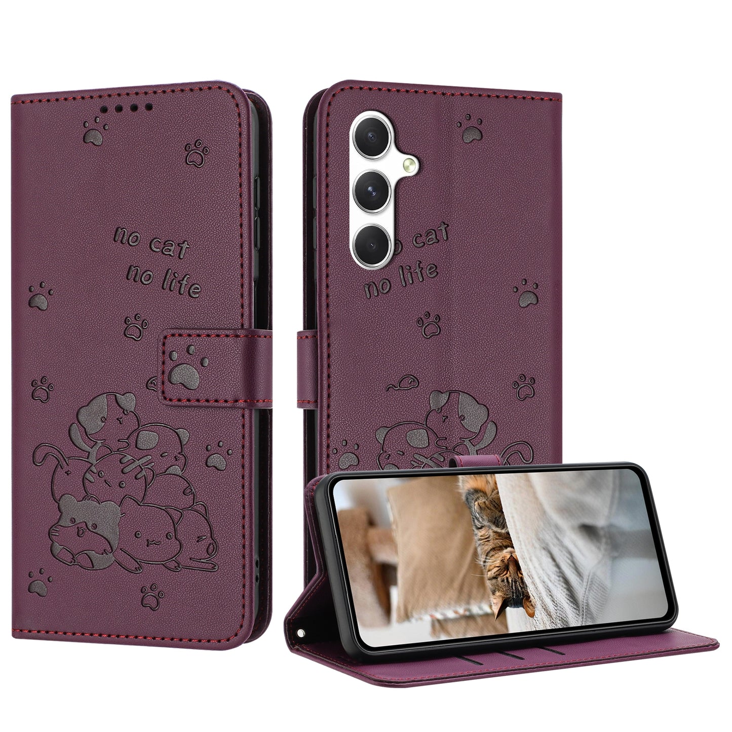 Samsung Galaxy A15 4G Embossed Kitten PU Leather Wallet Case with Card Slots, Cash Pocket, Kickstand Function, Wrist Lanyard Strap, Full Protective TPU Flip Cover