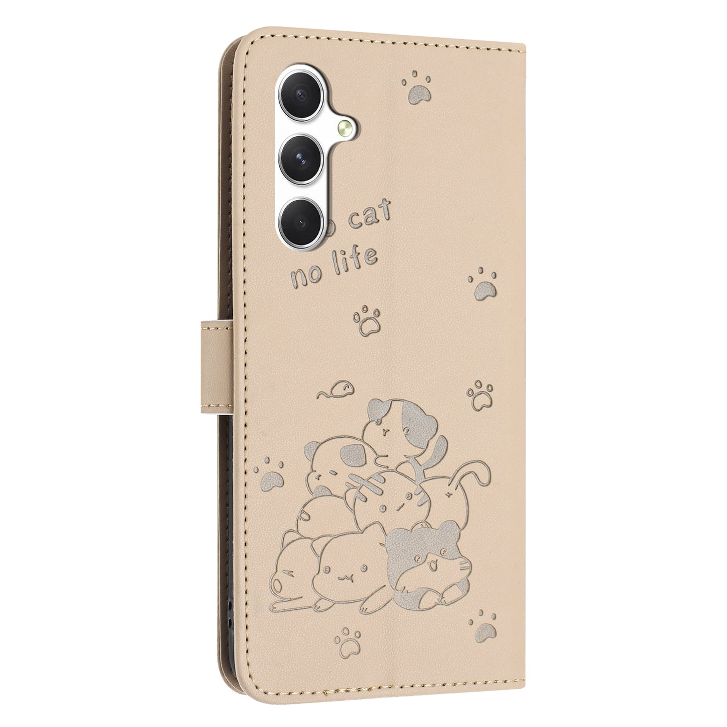 Samsung Galaxy A16 5G Embossed Kitten PU Leather Wallet Case with Card Slots, Cash Pocket, Kickstand Function, Wrist Lanyard Strap, Full Protective TPU Flip Cover