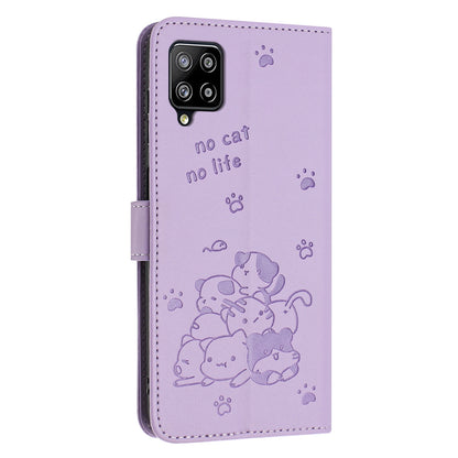 Samsung Galaxy M32 4G Embossed Kitten PU Leather Wallet Case with Card Slots, Cash Pocket, Kickstand Function, Wrist Lanyard Strap, Full Protective TPU Flip Cover