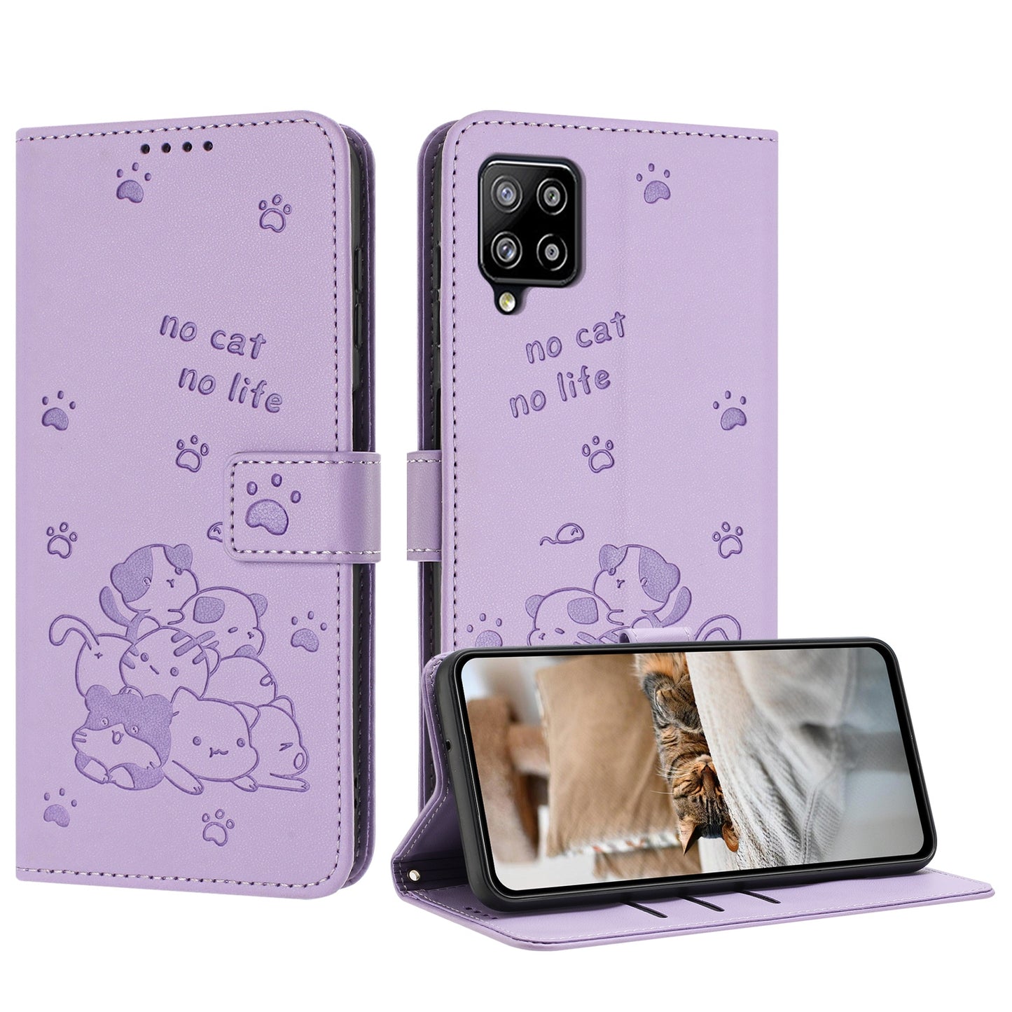 Samsung Galaxy M32 4G Embossed Kitten PU Leather Wallet Case with Card Slots, Cash Pocket, Kickstand Function, Wrist Lanyard Strap, Full Protective TPU Flip Cover