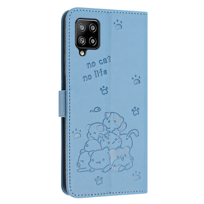 Samsung Galaxy A22 4G Embossed Kitten PU Leather Wallet Case with Card Slots, Cash Pocket, Kickstand Function, Wrist Lanyard Strap, Full Protective TPU Flip Cover