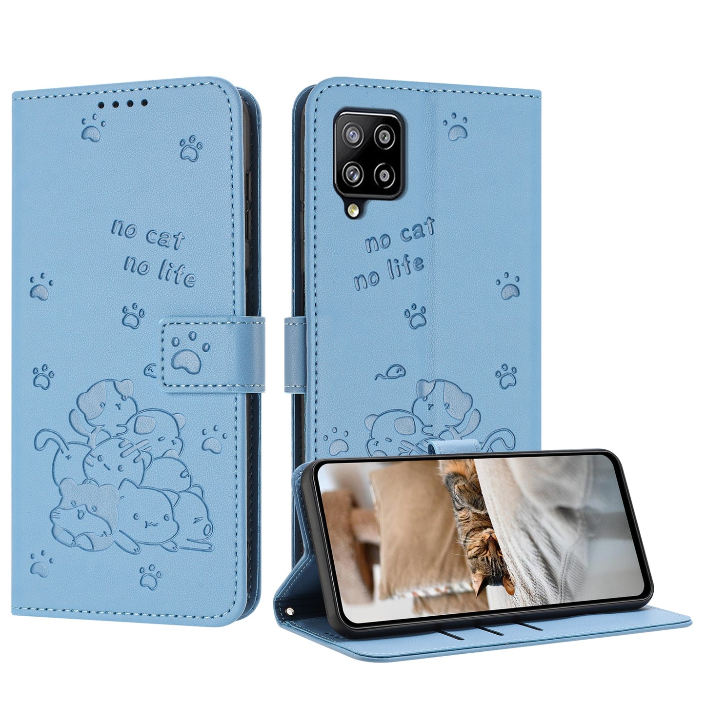 Samsung Galaxy M32 4G Embossed Kitten PU Leather Wallet Case with Card Slots, Cash Pocket, Kickstand Function, Wrist Lanyard Strap, Full Protective TPU Flip Cover