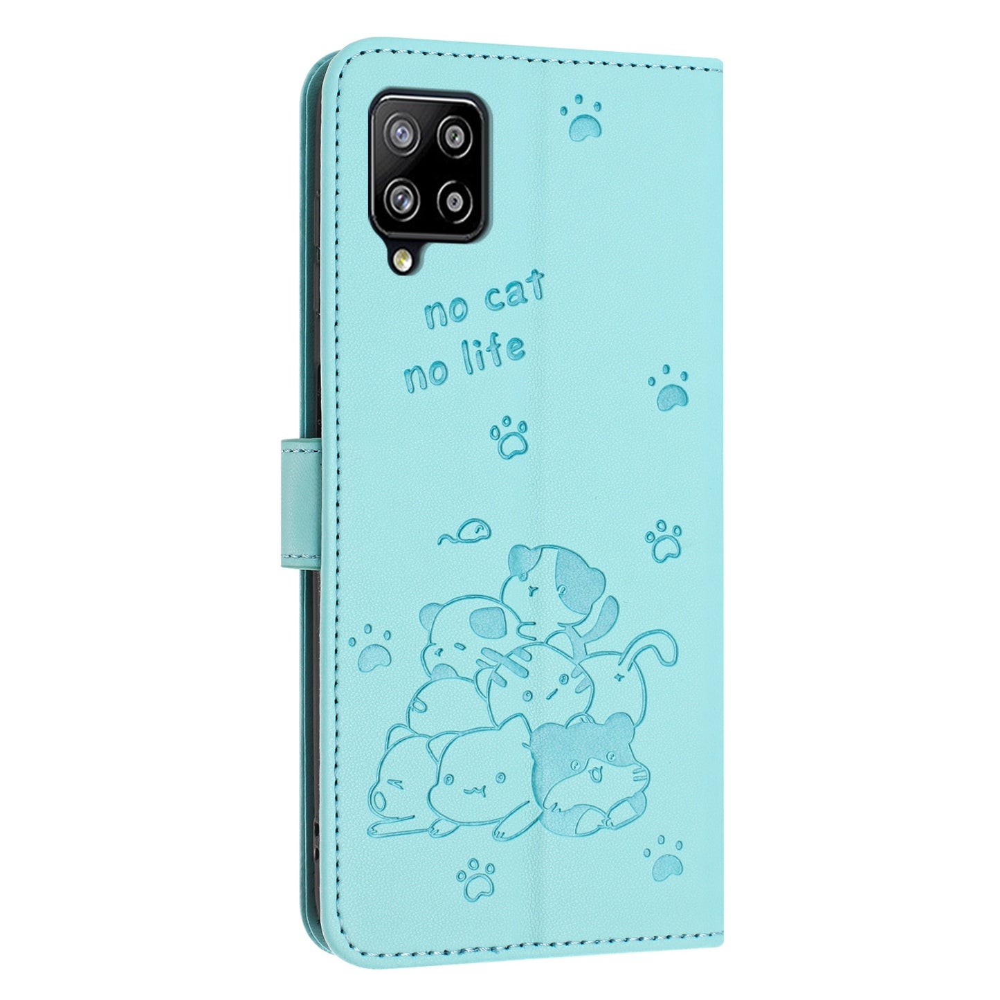 Samsung Galaxy A22 4G Embossed Kitten PU Leather Wallet Case with Card Slots, Cash Pocket, Kickstand Function, Wrist Lanyard Strap, Full Protective TPU Flip Cover