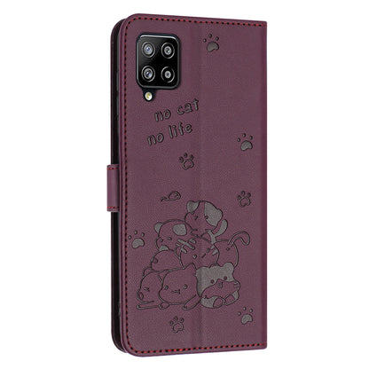 Samsung Galaxy A22 4G Embossed Kitten PU Leather Wallet Case with Card Slots, Cash Pocket, Kickstand Function, Wrist Lanyard Strap, Full Protective TPU Flip Cover