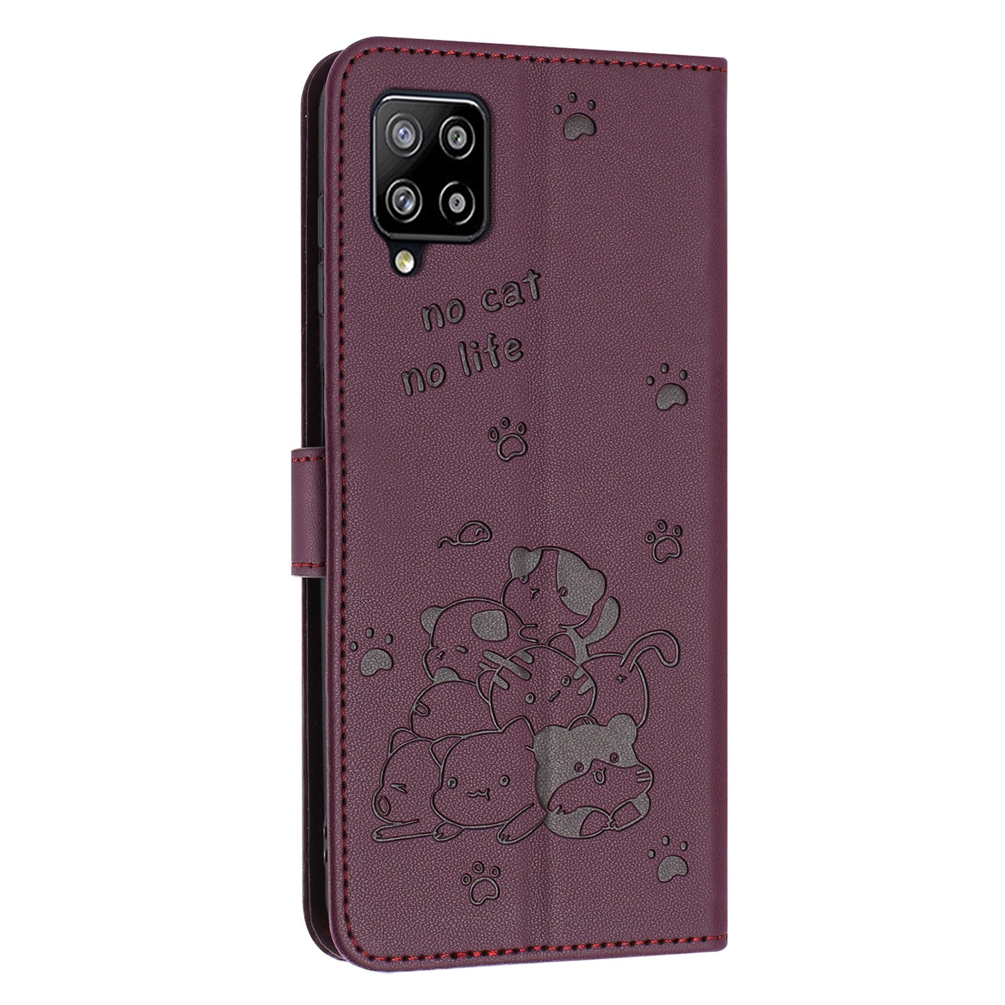 Samsung Galaxy M32 4G Embossed Kitten PU Leather Wallet Case with Card Slots, Cash Pocket, Kickstand Function, Wrist Lanyard Strap, Full Protective TPU Flip Cover