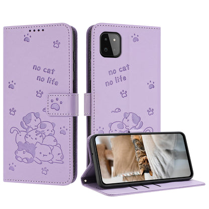 Samsung Galaxy A22s 5G Embossed Kitten PU Leather Wallet Case with Card Slots, Cash Pocket, Kickstand Function, Wrist Lanyard Strap, Full Protective TPU Flip Cover