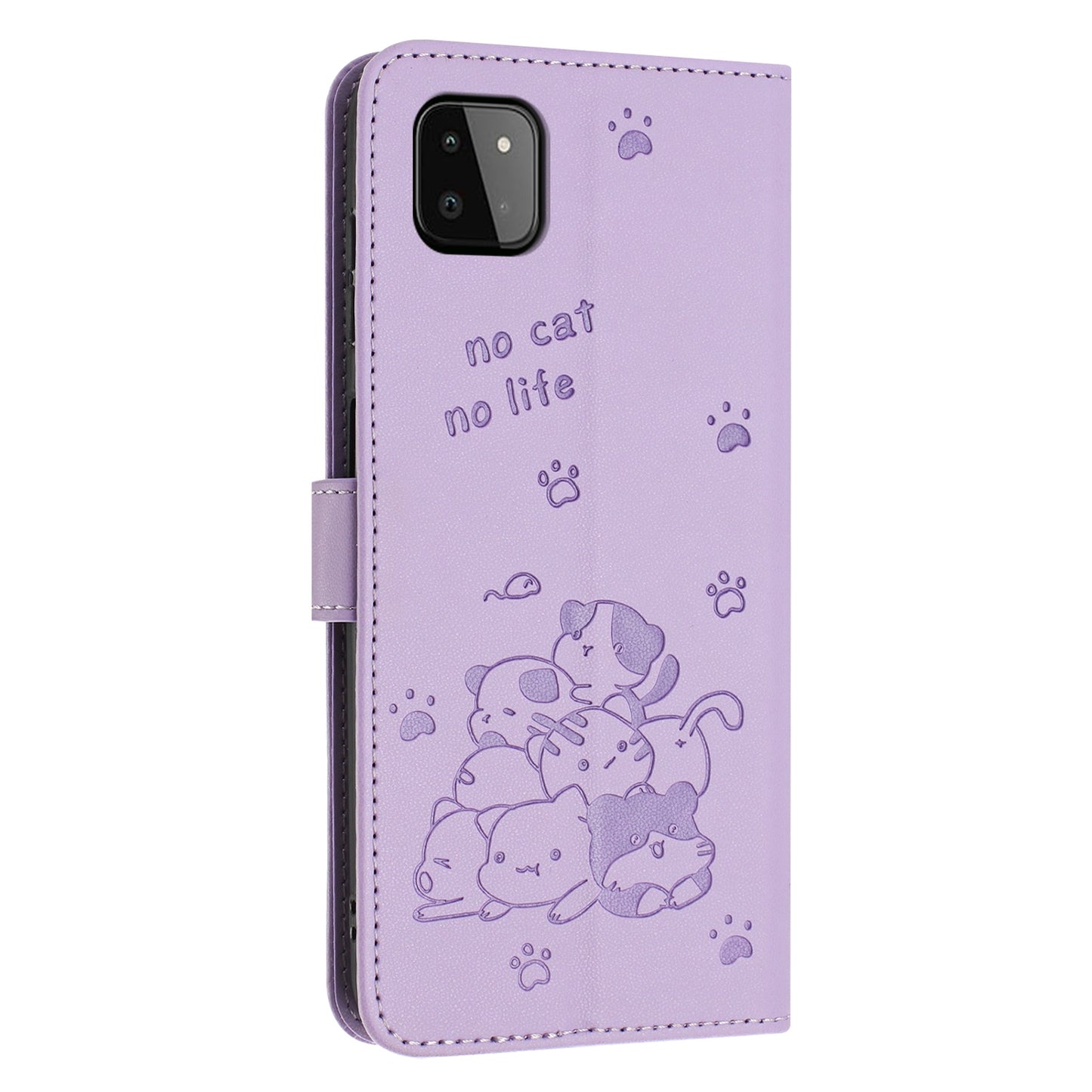 Samsung Galaxy A22s 5G Embossed Kitten PU Leather Wallet Case with Card Slots, Cash Pocket, Kickstand Function, Wrist Lanyard Strap, Full Protective TPU Flip Cover
