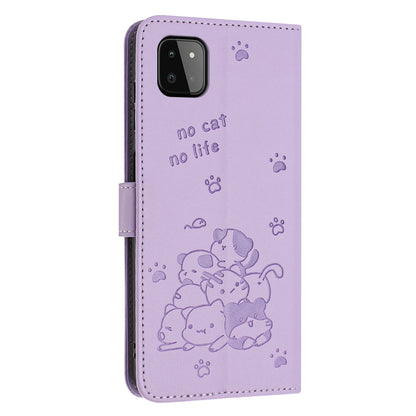 Samsung Galaxy A22s 5G Embossed Kitten PU Leather Wallet Case with Card Slots, Cash Pocket, Kickstand Function, Wrist Lanyard Strap, Full Protective TPU Flip Cover