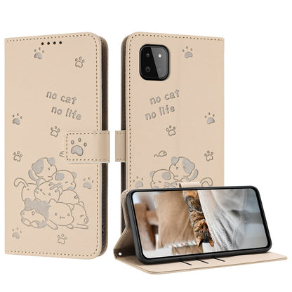 Samsung Galaxy A22s 5G Embossed Kitten PU Leather Wallet Case with Card Slots, Cash Pocket, Kickstand Function, Wrist Lanyard Strap, Full Protective TPU Flip Cover