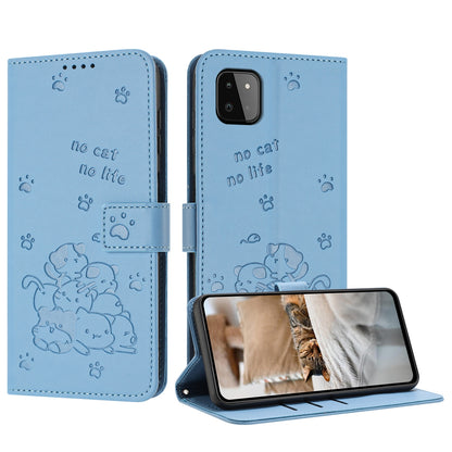 Samsung Galaxy A22 5G Embossed Kitten PU Leather Wallet Case with Card Slots, Cash Pocket, Kickstand Function, Wrist Lanyard Strap, Full Protective TPU Flip Cover