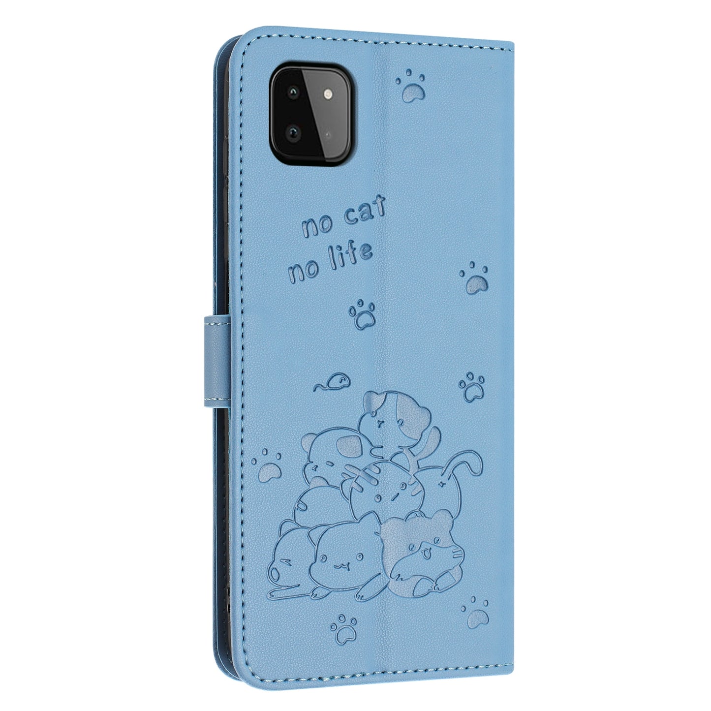 Samsung Galaxy A22 5G Embossed Kitten PU Leather Wallet Case with Card Slots, Cash Pocket, Kickstand Function, Wrist Lanyard Strap, Full Protective TPU Flip Cover