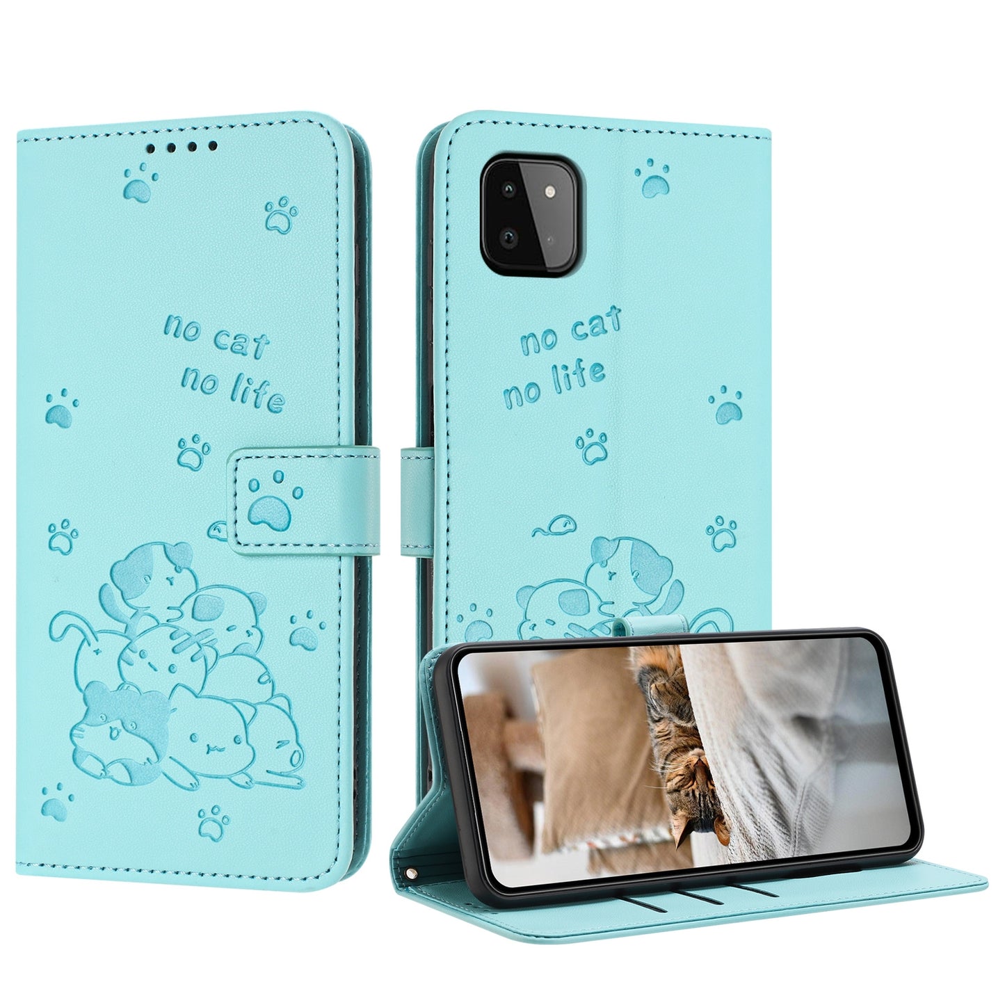 Samsung Galaxy A22 5G Embossed Kitten PU Leather Wallet Case with Card Slots, Cash Pocket, Kickstand Function, Wrist Lanyard Strap, Full Protective TPU Flip Cover