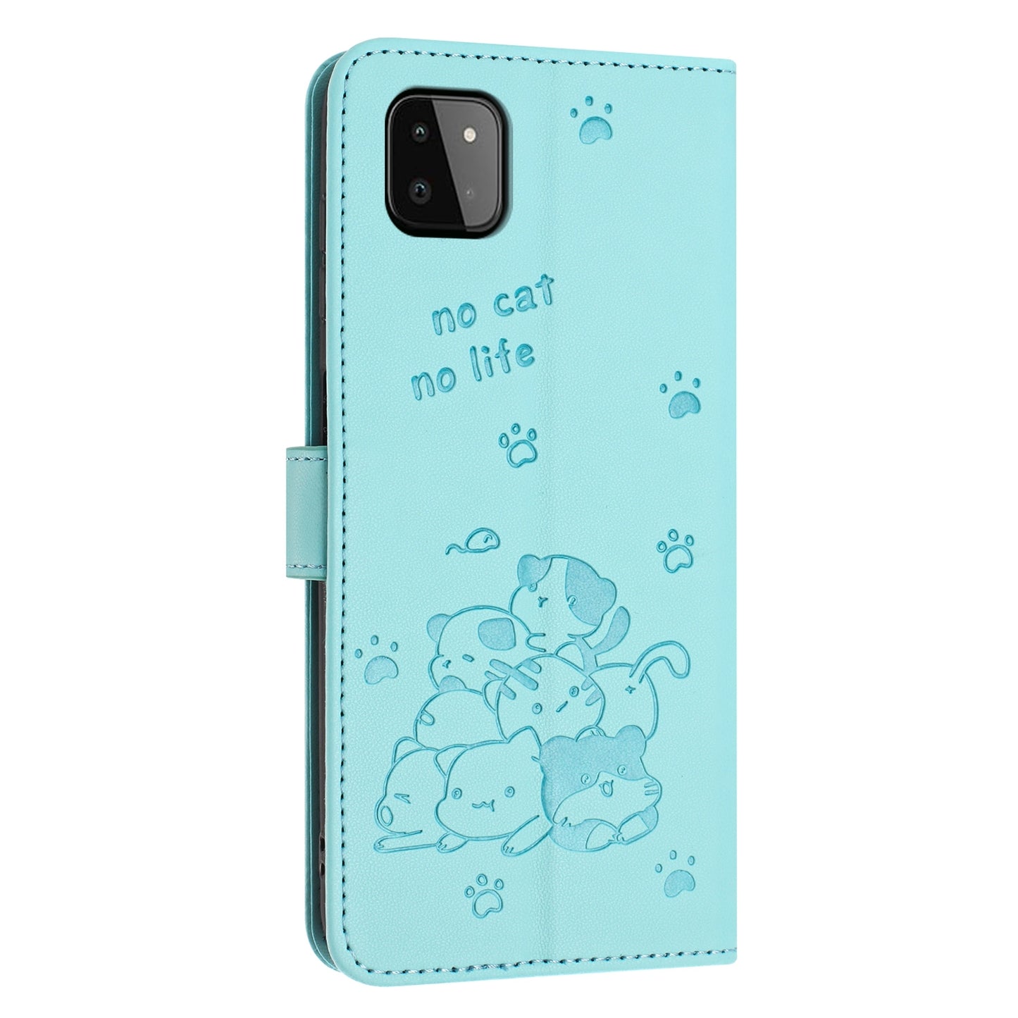 Samsung Galaxy A22s 5G Embossed Kitten PU Leather Wallet Case with Card Slots, Cash Pocket, Kickstand Function, Wrist Lanyard Strap, Full Protective TPU Flip Cover