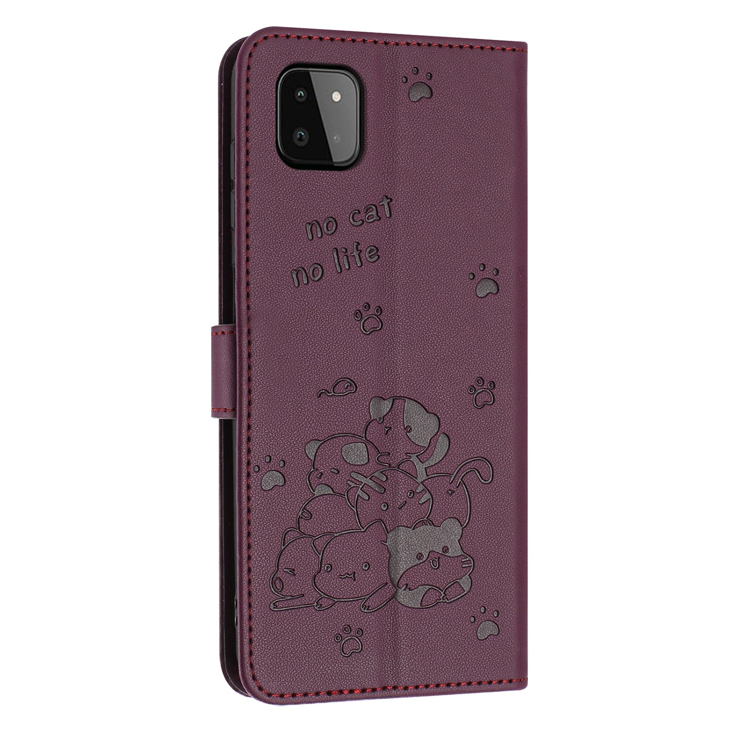 Samsung Galaxy A22 5G Embossed Kitten PU Leather Wallet Case with Card Slots, Cash Pocket, Kickstand Function, Wrist Lanyard Strap, Full Protective TPU Flip Cover