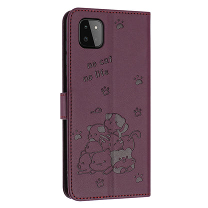 Samsung Galaxy A22 5G Embossed Kitten PU Leather Wallet Case with Card Slots, Cash Pocket, Kickstand Function, Wrist Lanyard Strap, Full Protective TPU Flip Cover