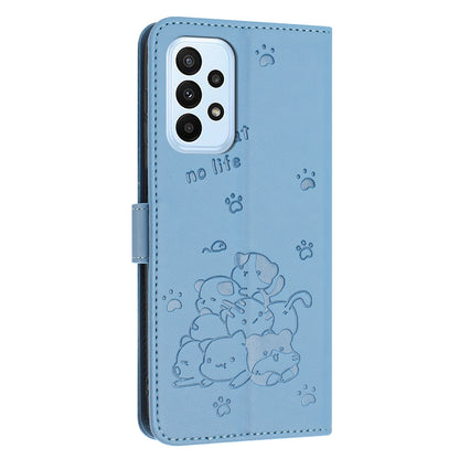 Samsung Galaxy A23 4G Embossed Kitten PU Leather Wallet Case with Card Slots, Cash Pocket, Kickstand Function, Wrist Lanyard Strap, Full Protective TPU Flip Cover