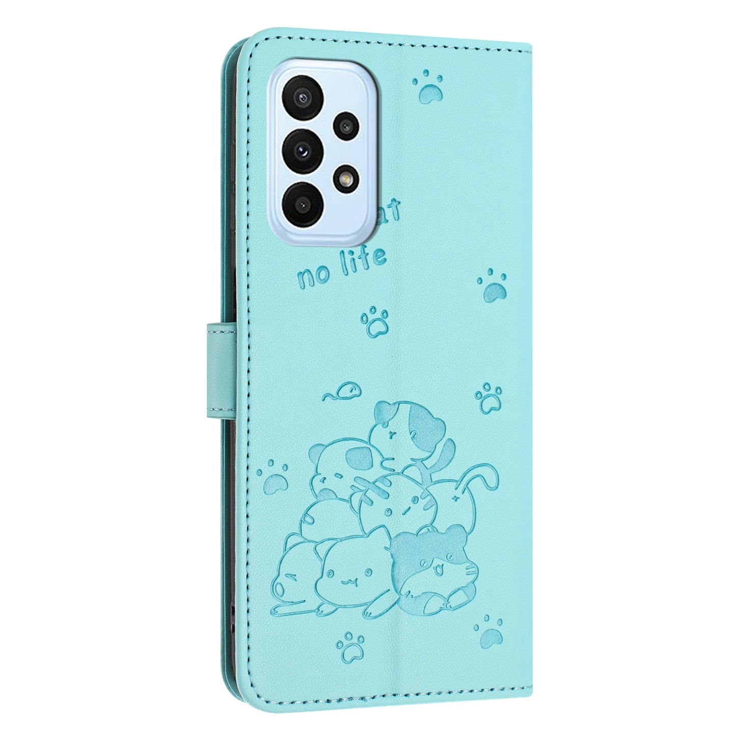 Samsung Galaxy A23 5G Embossed Kitten PU Leather Wallet Case with Card Slots, Cash Pocket, Kickstand Function, Wrist Lanyard Strap, Full Protective TPU Flip Cover