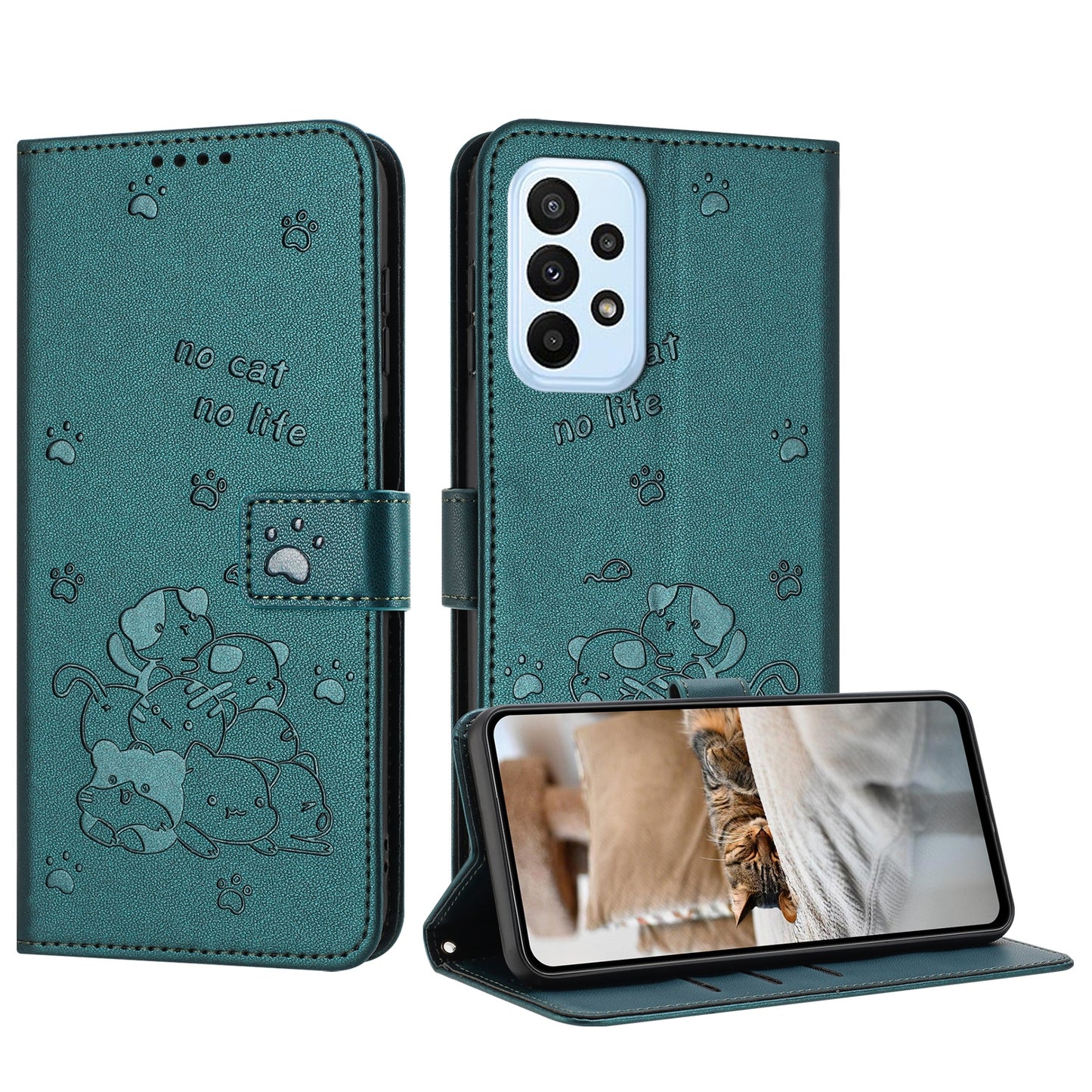 Samsung Galaxy A23 5G Embossed Kitten PU Leather Wallet Case with Card Slots, Cash Pocket, Kickstand Function, Wrist Lanyard Strap, Full Protective TPU Flip Cover