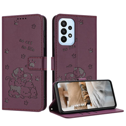 Samsung Galaxy A23 4G Embossed Kitten PU Leather Wallet Case with Card Slots, Cash Pocket, Kickstand Function, Wrist Lanyard Strap, Full Protective TPU Flip Cover