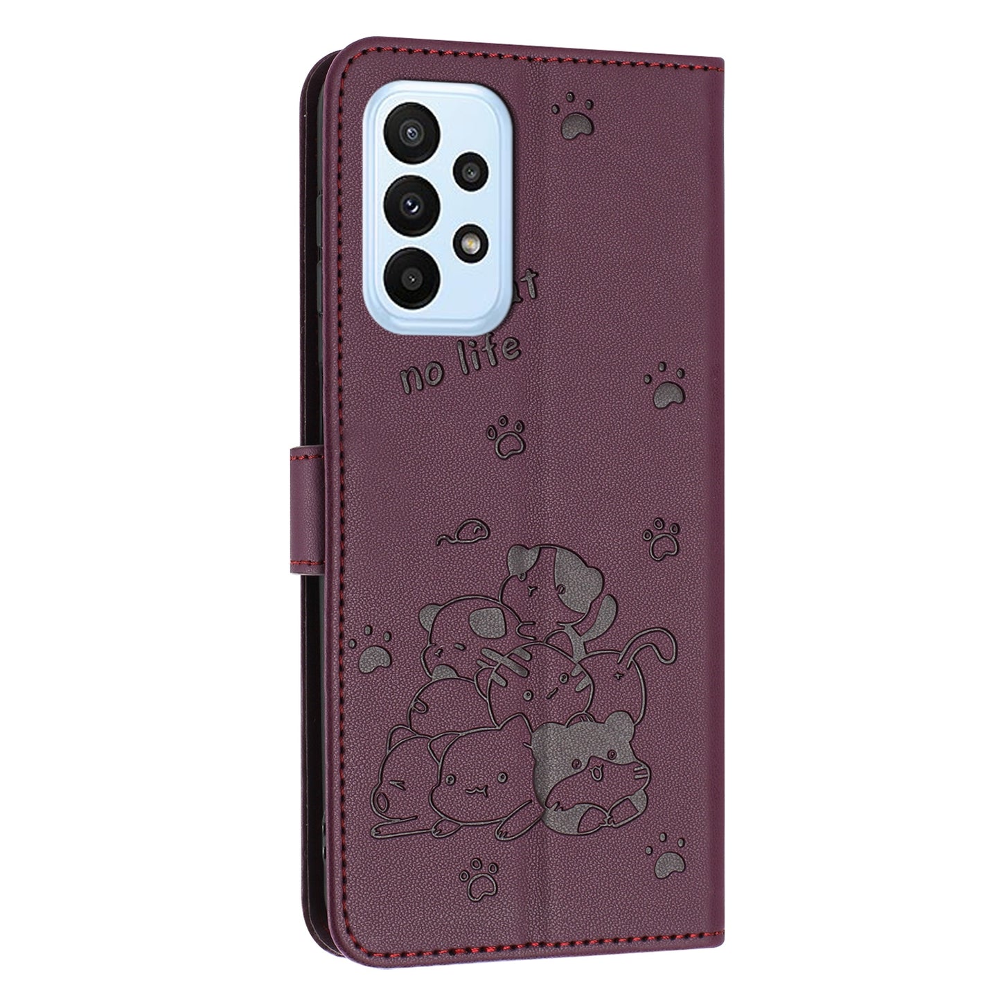 Samsung Galaxy A23 4G Embossed Kitten PU Leather Wallet Case with Card Slots, Cash Pocket, Kickstand Function, Wrist Lanyard Strap, Full Protective TPU Flip Cover