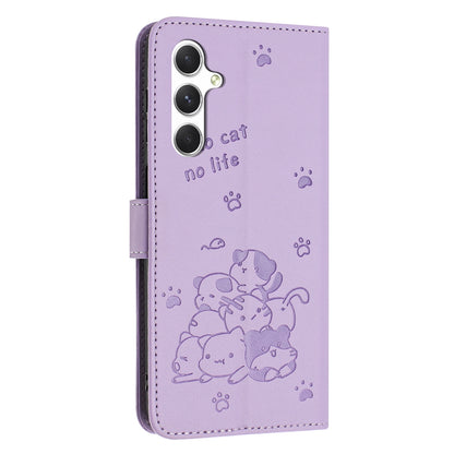 Samsung Galaxy A24 4G Embossed Kitten PU Leather Wallet Case with Card Slots, Cash Pocket, Kickstand Function, Wrist Lanyard Strap, Full Protective TPU Flip Cover