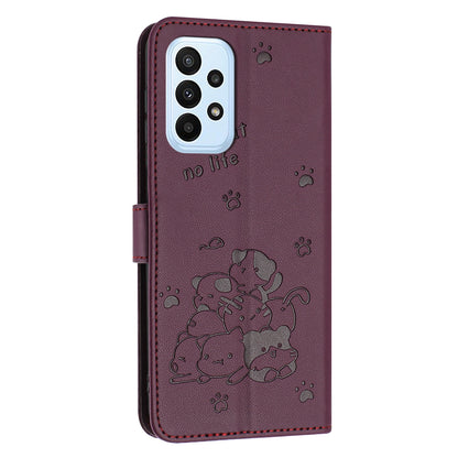 Samsung Galaxy A32 4G Embossed Kitten PU Leather Wallet Case with Card Slots, Cash Pocket, Kickstand Function, Wrist Lanyard Strap, Full Protective TPU Flip Cover