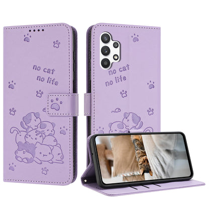 Samsung Galaxy A32 5G Embossed Kitten PU Leather Wallet Case with Card Slots, Cash Pocket, Kickstand Function, Wrist Lanyard Strap, Full Protective TPU Flip Cover