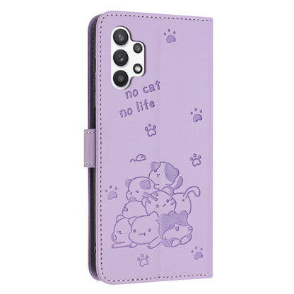 Samsung Galaxy A32 5G Embossed Kitten PU Leather Wallet Case with Card Slots, Cash Pocket, Kickstand Function, Wrist Lanyard Strap, Full Protective TPU Flip Cover