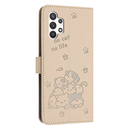Samsung Galaxy M32 5G Embossed Kitten PU Leather Wallet Case with Card Slots, Cash Pocket, Kickstand Function, Wrist Lanyard Strap, Full Protective TPU Flip Cover