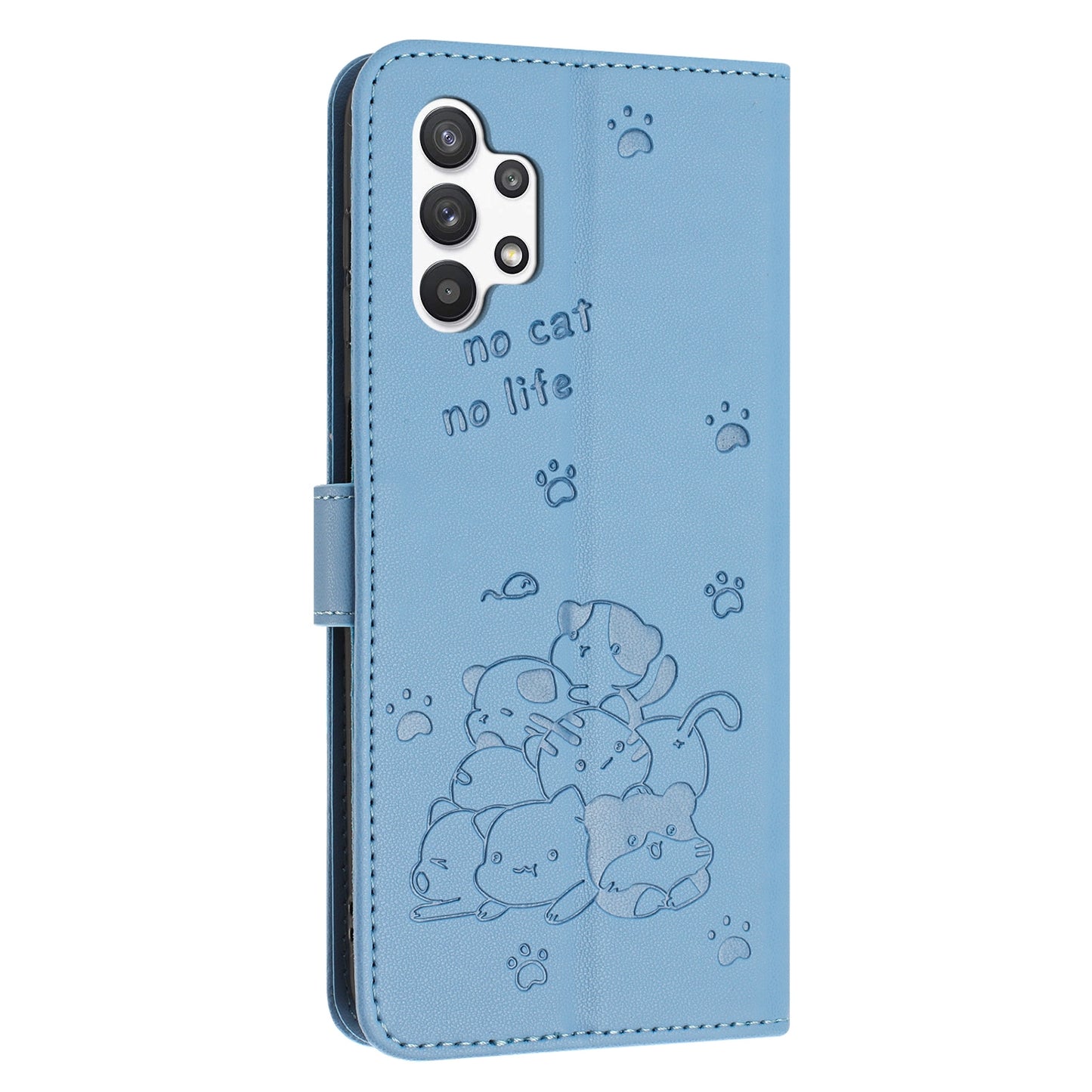 Samsung Galaxy A32 5G Embossed Kitten PU Leather Wallet Case with Card Slots, Cash Pocket, Kickstand Function, Wrist Lanyard Strap, Full Protective TPU Flip Cover