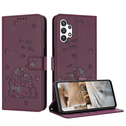 Samsung Galaxy A32 5G Embossed Kitten PU Leather Wallet Case with Card Slots, Cash Pocket, Kickstand Function, Wrist Lanyard Strap, Full Protective TPU Flip Cover
