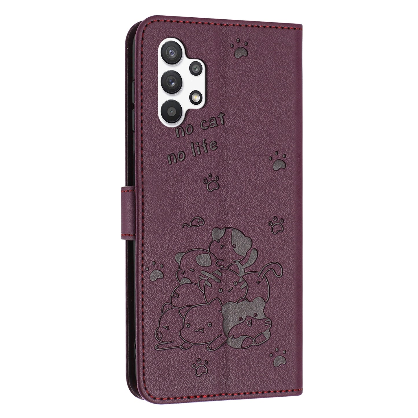 Samsung Galaxy A32 5G Embossed Kitten PU Leather Wallet Case with Card Slots, Cash Pocket, Kickstand Function, Wrist Lanyard Strap, Full Protective TPU Flip Cover