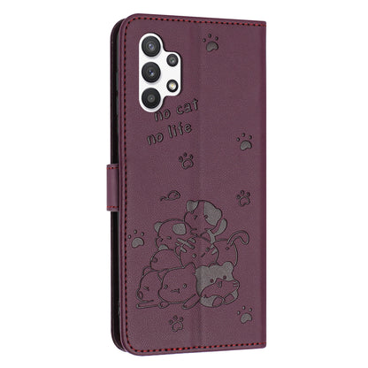 Samsung Galaxy A32 5G Embossed Kitten PU Leather Wallet Case with Card Slots, Cash Pocket, Kickstand Function, Wrist Lanyard Strap, Full Protective TPU Flip Cover