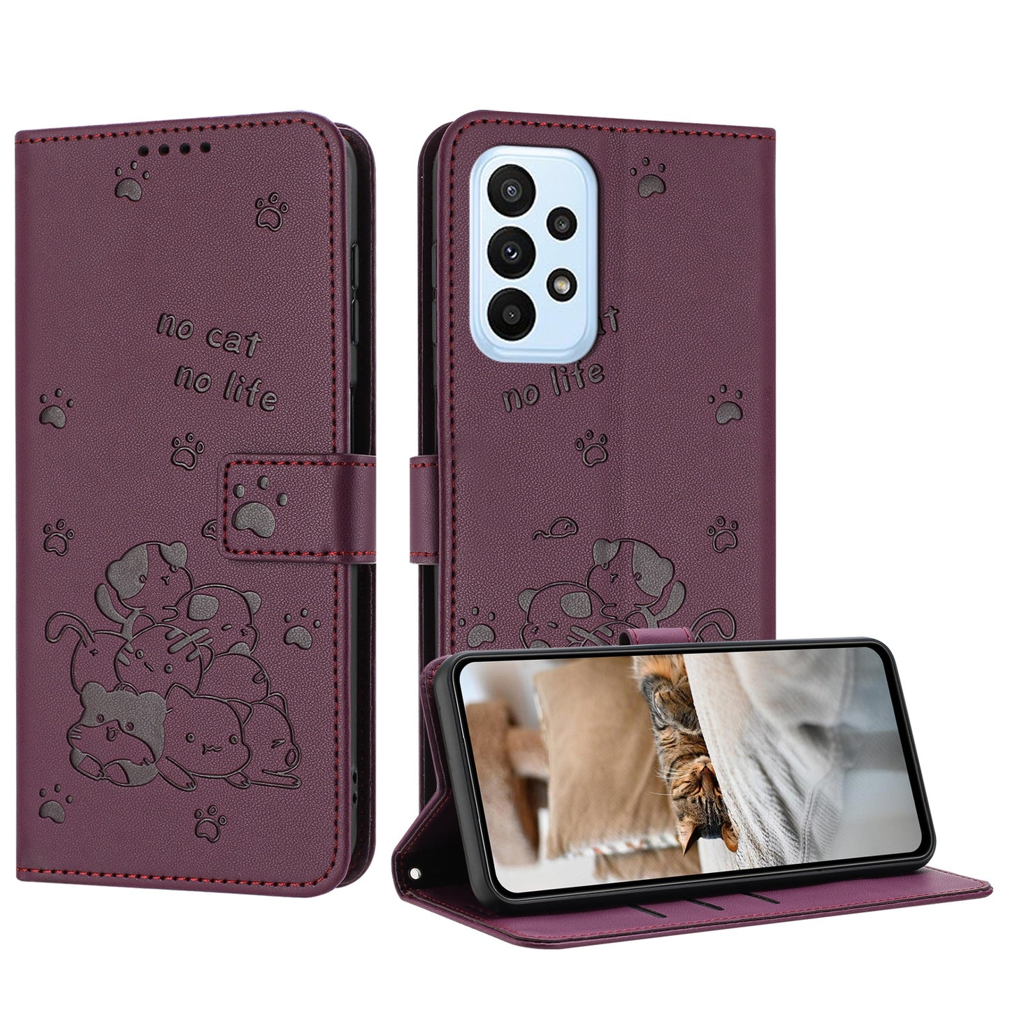 Samsung Galaxy A33 5G Embossed Kitten PU Leather Wallet Case with Card Slots, Cash Pocket, Kickstand Function, Wrist Lanyard Strap, Full Protective TPU Flip Cover
