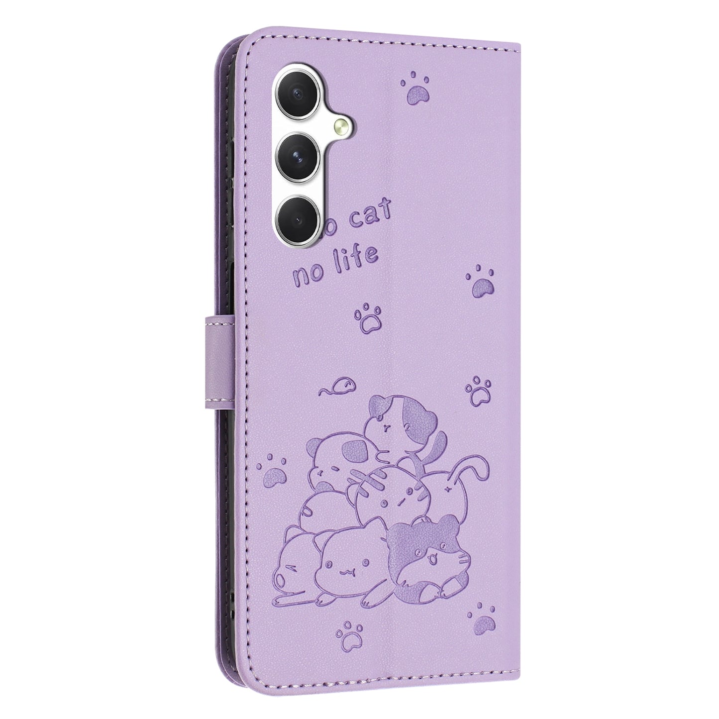 Samsung Galaxy A34 5G Embossed Kitten PU Leather Wallet Case with Card Slots, Cash Pocket, Kickstand Function, Wrist Lanyard Strap, Full Protective TPU Flip Cover