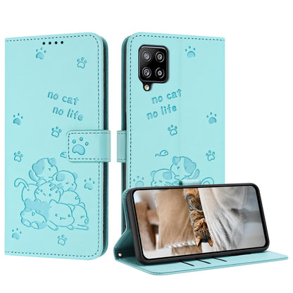 Samsung Galaxy A42 5G Embossed Kitten PU Leather Wallet Case with Card Slots, Cash Pocket, Kickstand Function, Wrist Lanyard Strap, Full Protective TPU Flip Cover