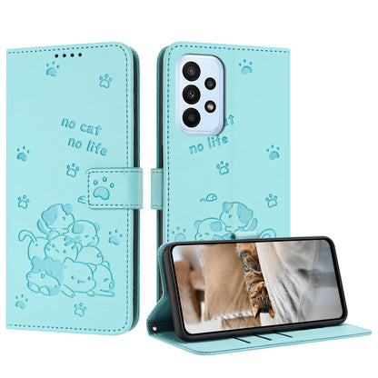 Samsung Galaxy A52 4G Embossed Kitten PU Leather Wallet Case with Card Slots, Cash Pocket, Kickstand Function, Wrist Lanyard Strap, Full Protective TPU Flip Cover